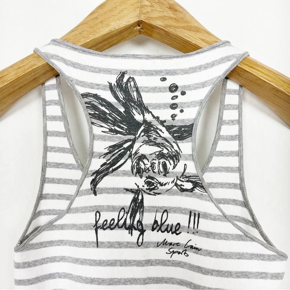 Marc Cain White & Grey Striped Racer Back Tank Top Size Small Fish Graphic‎